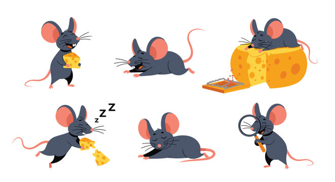Set of gray mouse characters in various humorous situations involving cheese slices, a mousetrap, and sleeping.