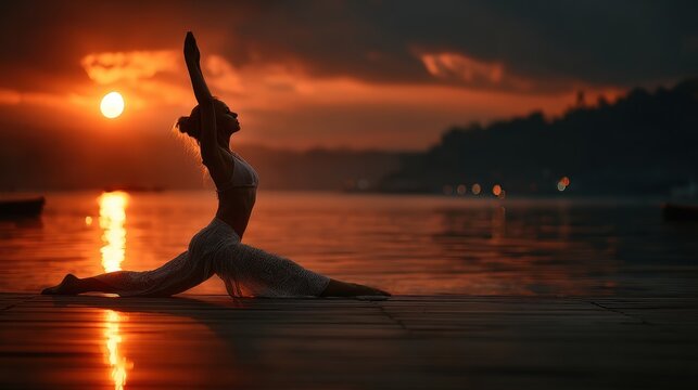 Woman doing yoga pose on dock at sunset, silhouette, orange sky