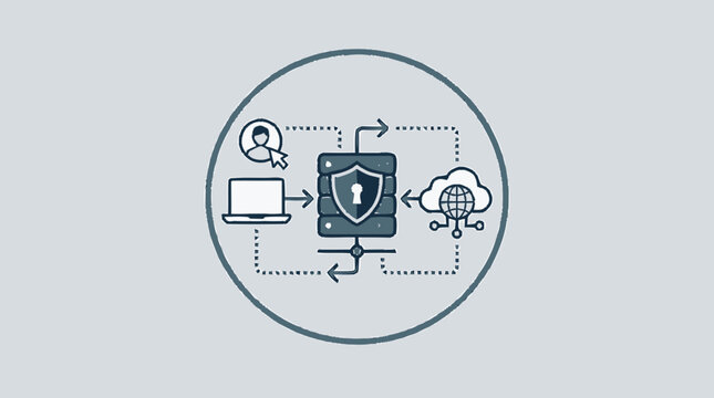 Cyber Security and Data Protection Infrastructure Concept Illustration featuring Secure Server Database, Cloud Computing, User Privacy, and Network Safety Icons.