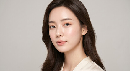 Naklejka premium Portrait of a Young Korean Woman with Long Dark Hair and a Gentle Expression