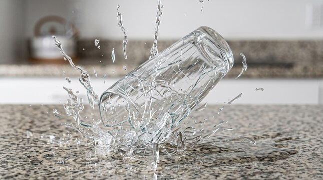 Water Splashing from a Glass on a Granite Countertop