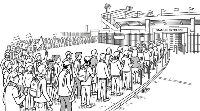 Crowd queuing for stadium entrance, sports event, fans waiting in line