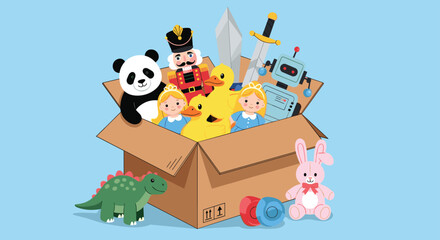 Fototapeta premium Cardboard toy box overflowing with various children's toys including a panda plush, dolls, a robot, and a dinosaur for a nursery scene.