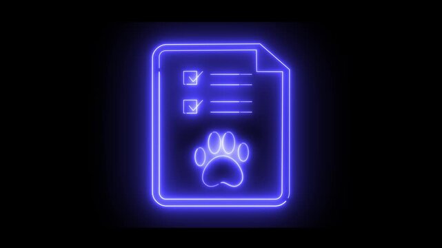 Neon light effect animation of a document icon with a paw print and checkmarks. The design suggests pet adoption or veterinary records.