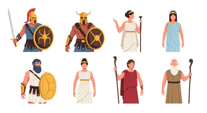 Diverse collection of ancient greek characters including warriors with shields, philosophers, and women in traditional tunics.