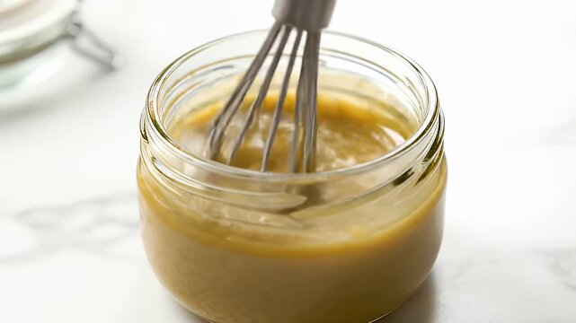 A close-up shot showcases a glass jar filled with mustard and a whisk, suggesting the preparation of a flavorful condiment or dressing.
