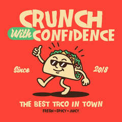 Hand-drawn vintage-style streetwear graphic design for t-shirts featuring a cool taco mascot wearing sunglasses and giving a thumbs up. © Therintproject