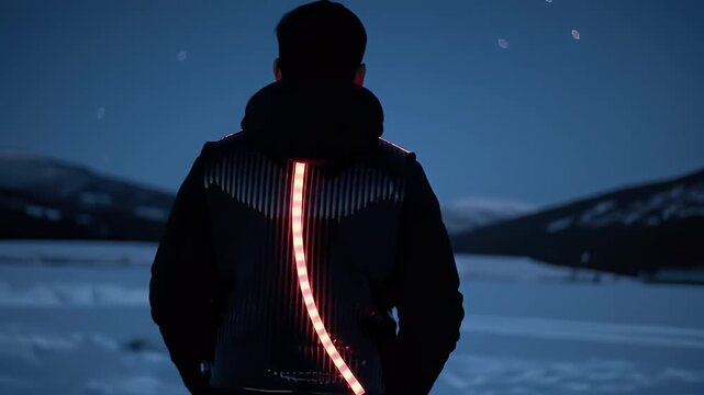 Person wearing illuminated jacket in winter landscape