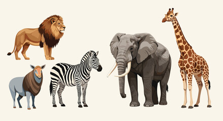 Obraz premium Beautiful collection of realistic wild animal illustrations including a lion, zebra, african elephant, tall giraffe, and an antelope.
