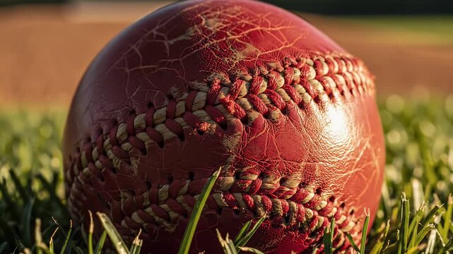 A well-worn baseball rests on lush green grass, bathed in warm sunlight, evoking memories of summer games and athletic competition.