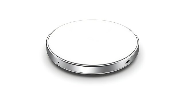 A sleek silver circular wireless charging pad sits against a clean white background.