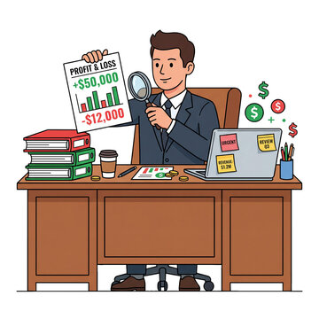 Businessman analyzing profit and loss report flat illustration with financial charts and revenue dashboard