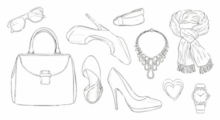 Fototapeta premium Set of fashion accessories hand drawn sketch illustration.