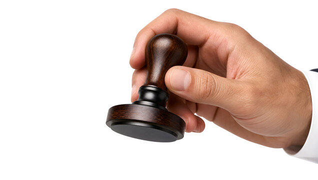 Professional hand holding a modern high-end corporate rubber stamp