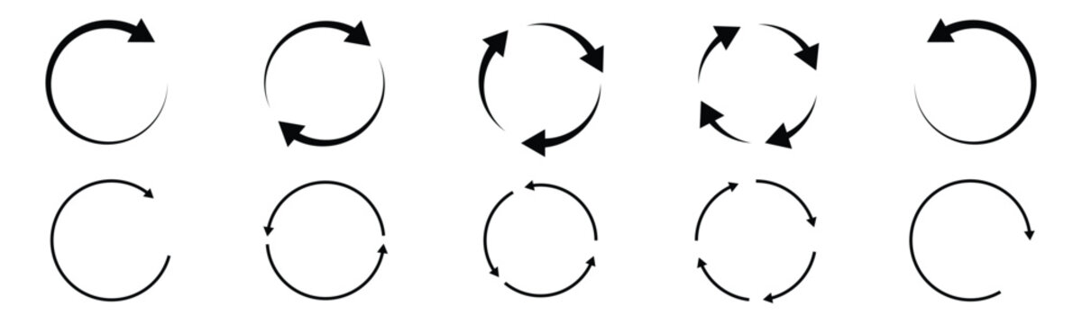 Set of minimalist black circular arrow icons showing thin line refresh pointers rotation loops and update signs ideal for modern user interface layouts