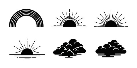 Obraz premium Collection of minimalist black vector icons featuring natural elements sunrises, rainbows, and clouds, ideal for modern graphic design and digital interfaces