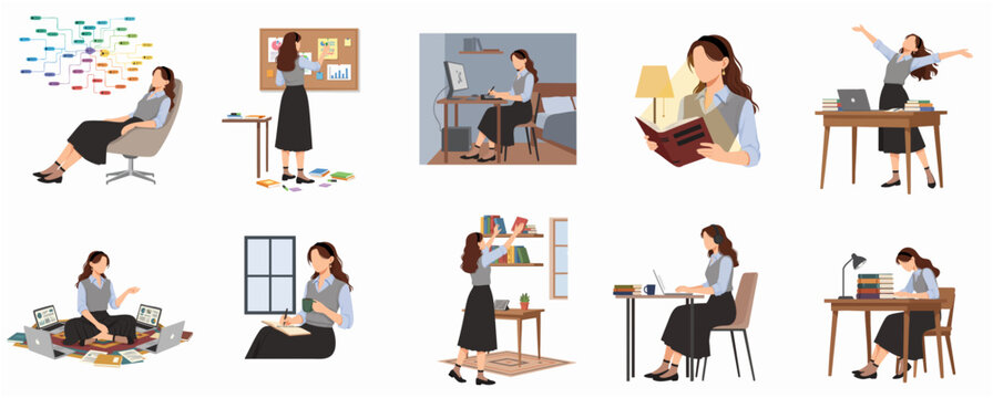 Flat illustration set of a young woman student or freelancer working, studying, and multitasking in various office and home settings