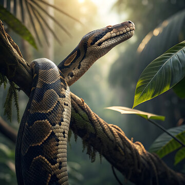 Ancient Python Emerging from the Rainforest Mist