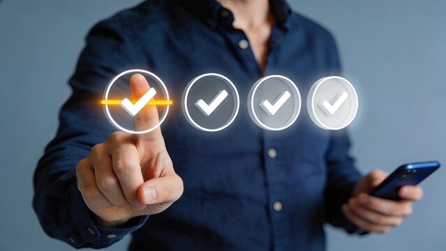 Man touching glowing checkmark icon on virtual interface, representing task completion, approval process, quality assurance checklist, digital verification system for business