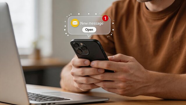 Person holding smartphone receiving new email message notification pop-up, depicting instant communication, digital correspondence alert, mobile messaging app update and real-time