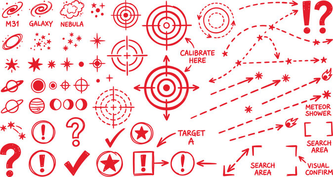 Astronomy observation target telescope aiming circle star tracking route meteor path indicator observation emphasis symbol red line pen highlight annotation stroke