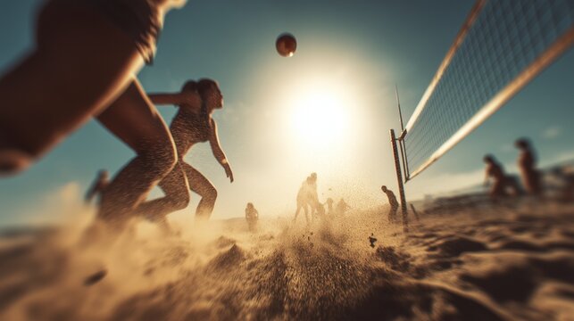 Beach volleyball rally captured with motion blur, intense sunlight