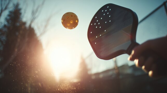 Close-up of a pickleball paddle hitting a ball mid-air, frozen motion
