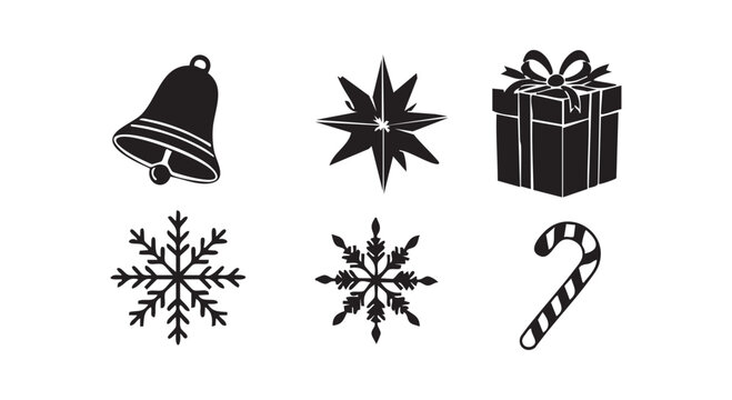Christmas elements bell star gift box snowflakes and candy cane for holiday season decoration collection vector.