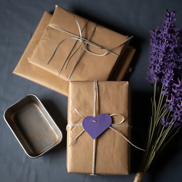 Brown paper packages tied with string and a heart tag sit on a dark surface with lavender flowers nearby