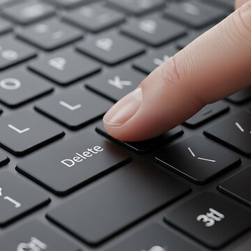 Finger pressing the delete key on a computer keyboard.