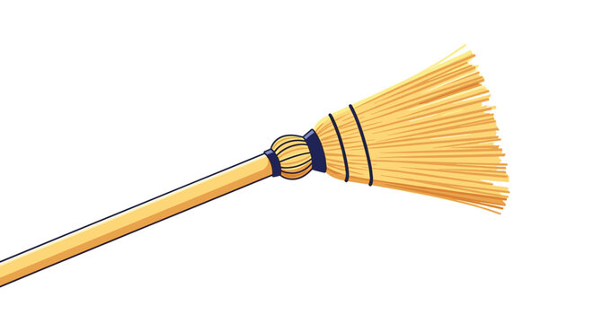 Long wooden handle attached to a classic yellow straw broom head tied with dark bands used for traditional sweeping.