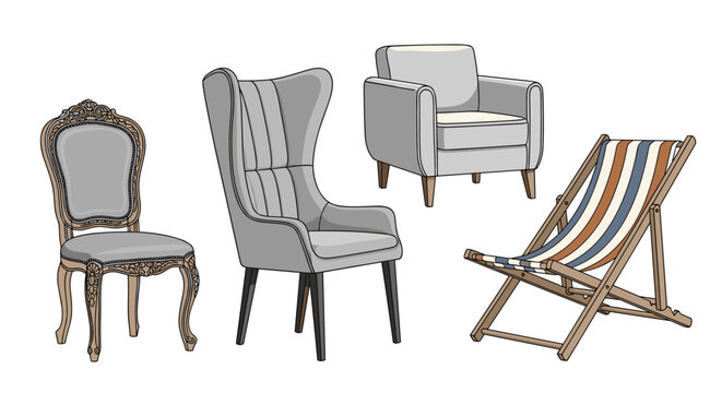 Furniture collection features vintage wooden chair, modern wingback seat, comfortable armchair, and striped wooden beach deck chair.