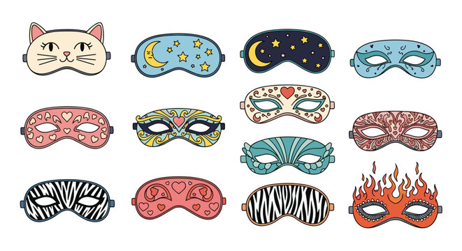 Set of creative eye masks includes designs featuring a cat, stars and moon, masquerade patterns, zebra stripes, and a flaming theme.