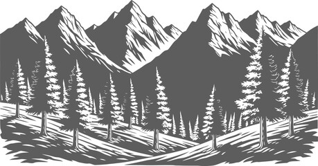 Majestic mountain range with pine forest rendered in a classic engraving style for outdoor adventure themes © Ishtiaq