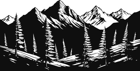 Majestic mountain range with pine trees rendered in a bold black and white engraving style for wilderness themes © Ishtiaq
