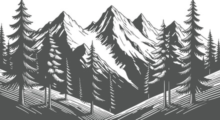 Majestic mountain range with pine forest rendered in a detailed engraving style for adventure themes © Ishtiaq