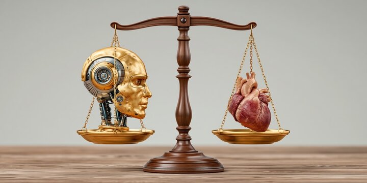 Artificial intelligence robot head and human heart placed on balancing scale representing comparison between AI logic and human emotion ethics and technology decision making concept