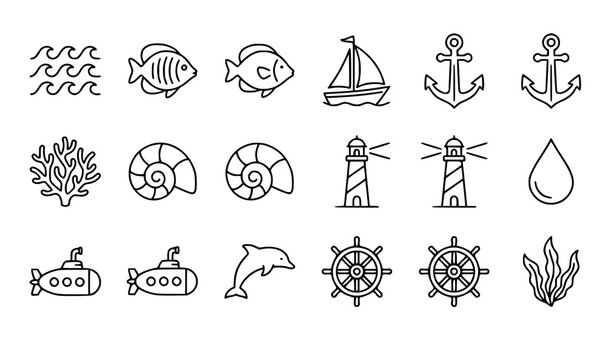 Ocean and marine thin line vector icon set with sea fish boat underwater and maritime outline symbols