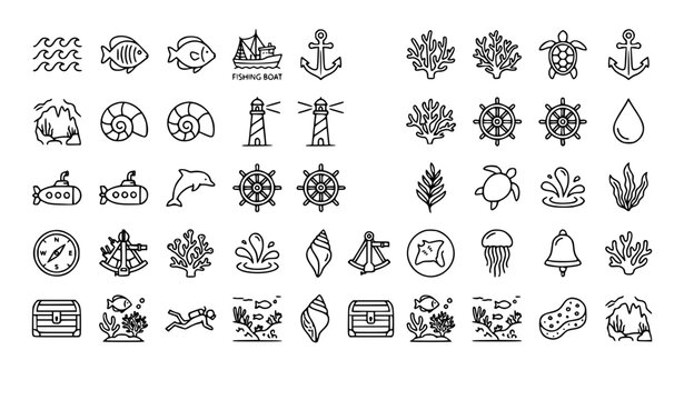 Minimal ocean and maritime line icon pack with fish sea water boat and underwater vector symbols