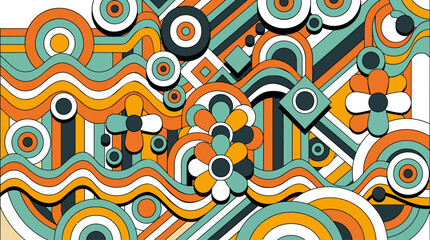 Fototapeta premium Vibrant retro style illustration with wavy lines and flowers