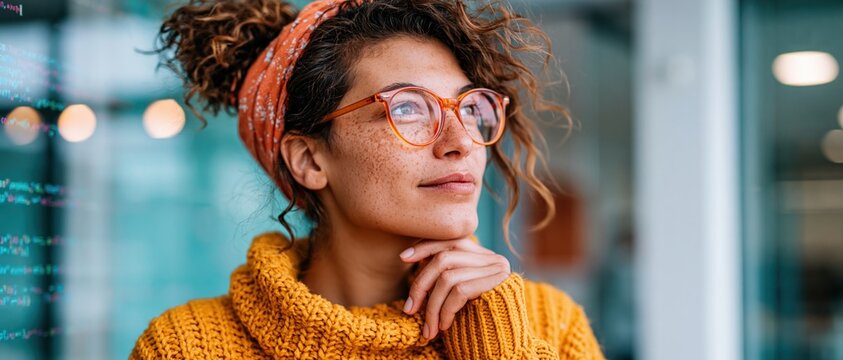 Thoughtful female software developer looking at digital programming code on transparent screen in modern workspace representing coding focus software engineering and technology development