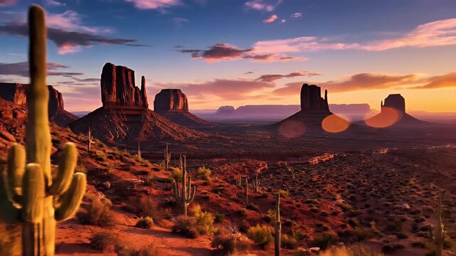Desert landscape with iconic rock formations and saguaro cacti at sunset