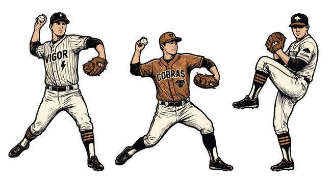 Illustration of Three Baseball Players in Uniforms Pitching