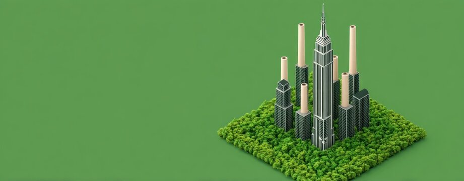 Isometric 3D rendering of eco-friendly green city buildings surrounded by dense forest, sustainable urban architecture integrated with nature planning