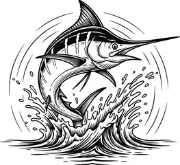 Marlin leaping from ocean waves in a dynamic line drawing style for outdoor adventure themes © Ishtiaq