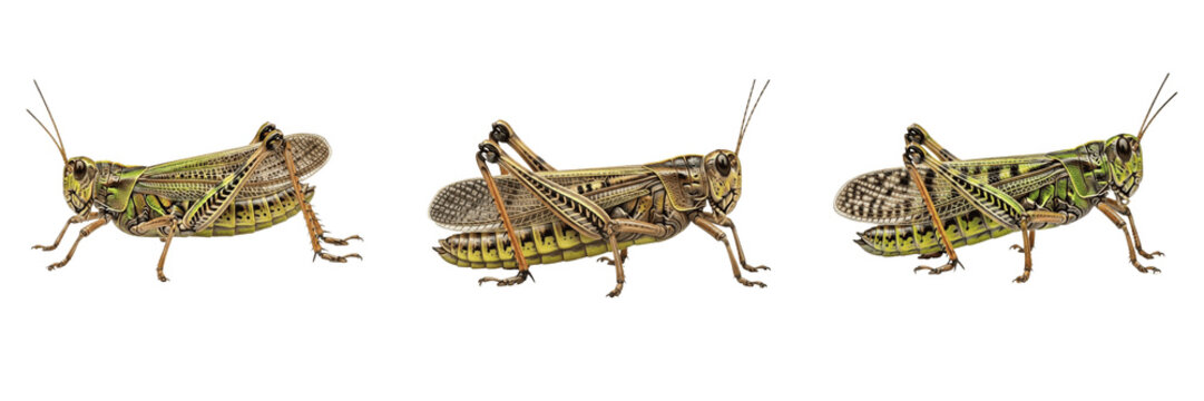 Locust agricultural pest organism showing biological anatomy, structural morphology, taxonomic classification traits, and agricultural crop damage parameters within a reference field.