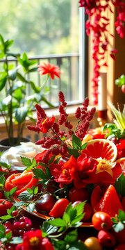 Crimson feast, emerald gleam, a tabular tapestry of pure delight,  fresh,  wide angle