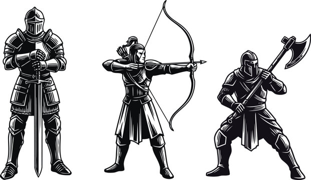 Medieval warriors in battle ready stances with sword bow and axe during a stylized illustration