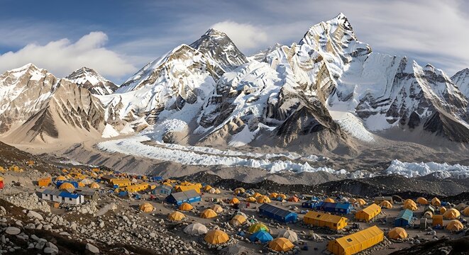 Majestic mountain range and camping site under blue sky and sunlight