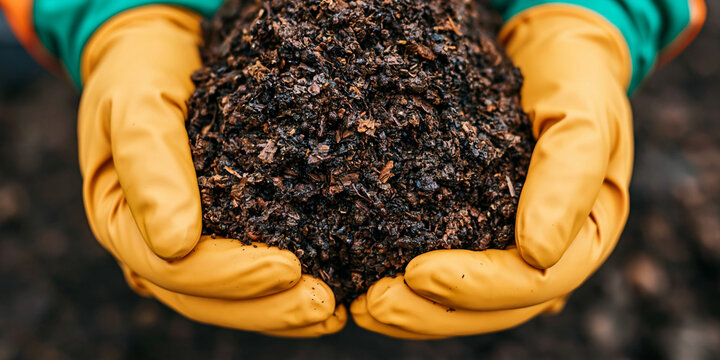 Hands in yellow gloves holding rich compost soil in community garden workshop close up organic agriculture soil texture gardening learning scene